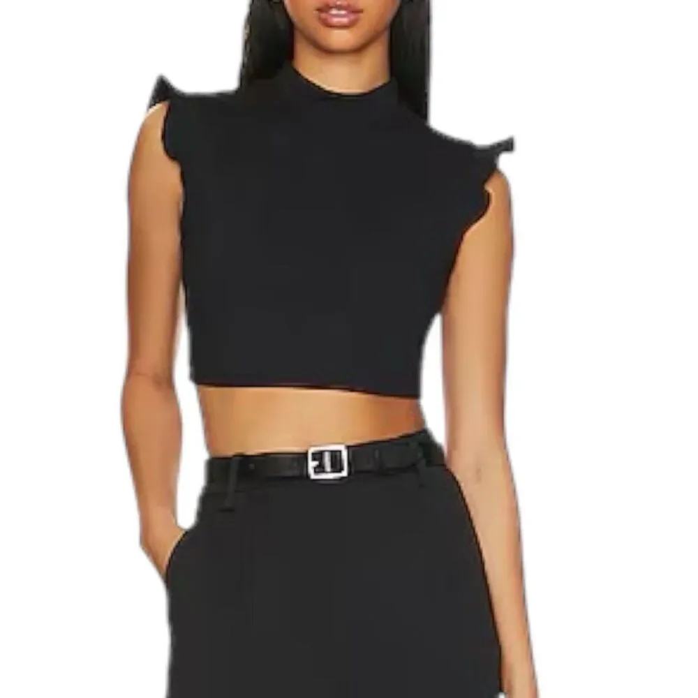 NEW Susana Monaco Mock Ruffle Sleeve Crop Top in Blanched Almond L